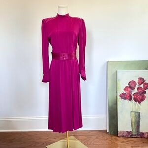 Vintage 1970s Magenta  Midi Dress Belted Womens Sz 10 Disco Retro Glam Secretary